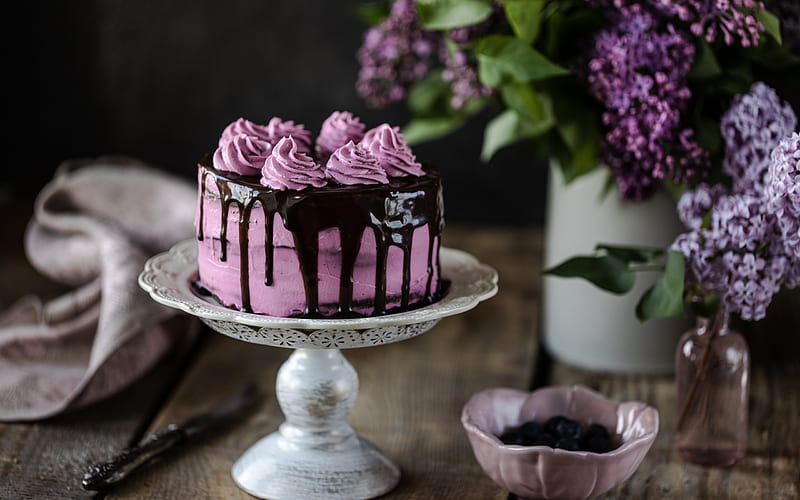 Cake, lilac, food, chocolate, flower, spring, pink, dessert, sweets, HD wallpaper