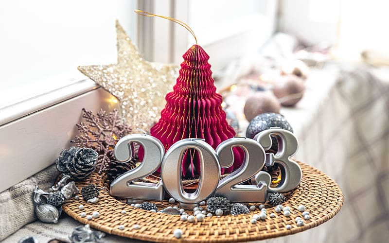 Happy New Year, decoration, 2023, christmas, ornaments, tree, HD wallpaper