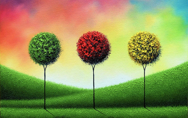 colorful trees, autumn, summer, circle tree, art, HD wallpaper