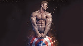 Captain America, comics, marvel, muscle, silverjow, shirtless, HD wallpaper