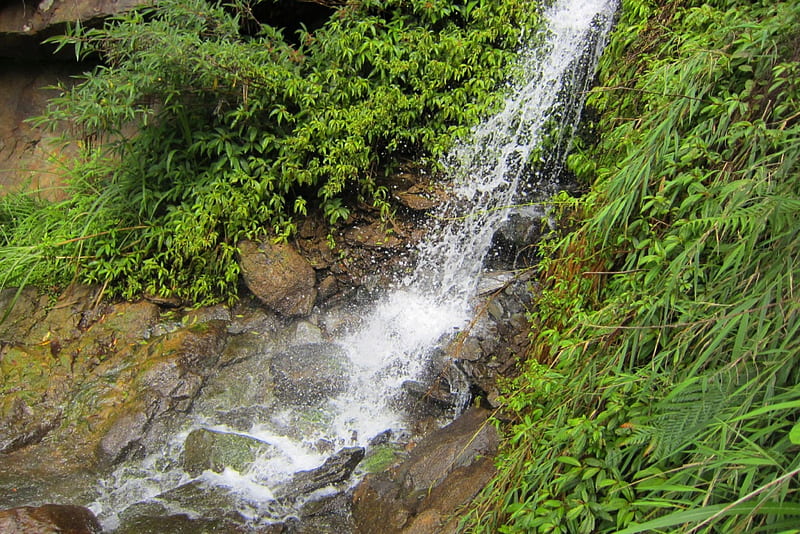 Waterfalls, mountain, rock, grass, mountain climbing, HD wallpaper