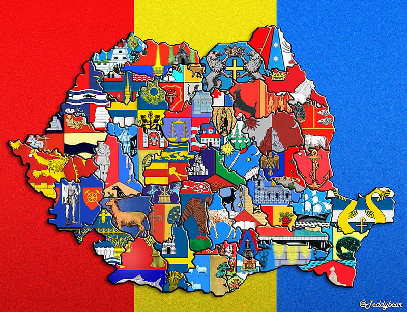 Romania si judetele iei, red, romania, yellow, map, harta, blue, judete, HD wallpaper