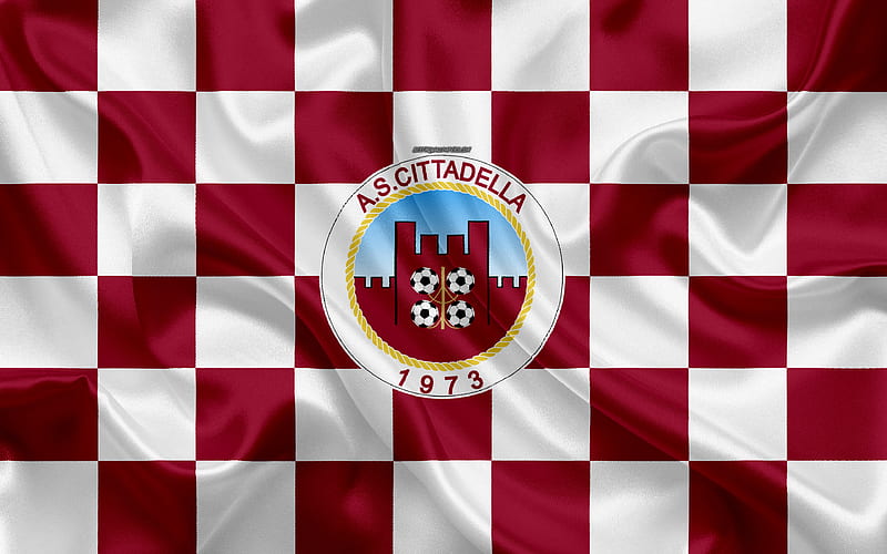 AS Cittadella logo, creative art, purple white checkered flag, Italian football club, Serie B, emblem, silk texture, Cittadella, Italy, football, HD wallpaper
