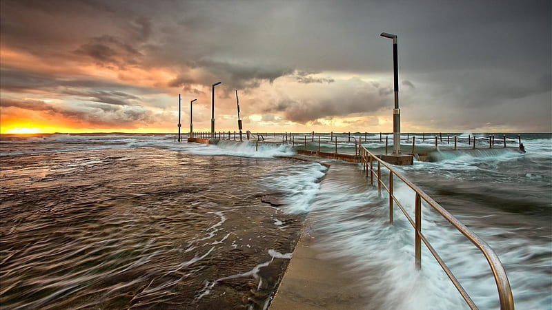 sea waves overflowing pier at sunset r, lamps, pier, r, sunset, waves, rails, sea, HD wallpaper