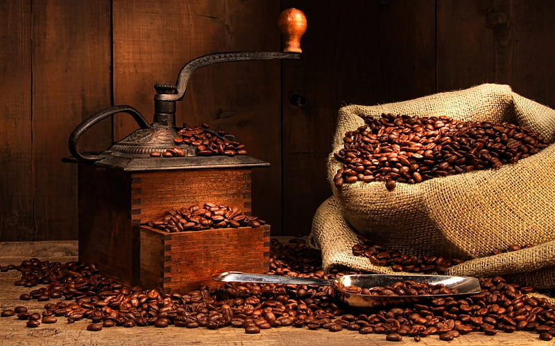 coffee grinder, coffee, beans, grinder, scoop, sack, HD wallpaper