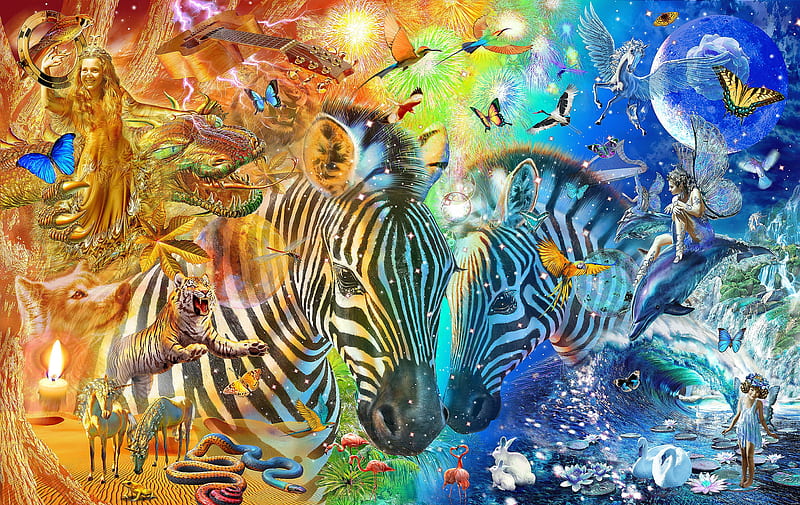 Children's fantasy, art, luminos, orange, creative, animal, cute, childrens fantasy, adrian chesterman, zebra, blue, HD wallpaper