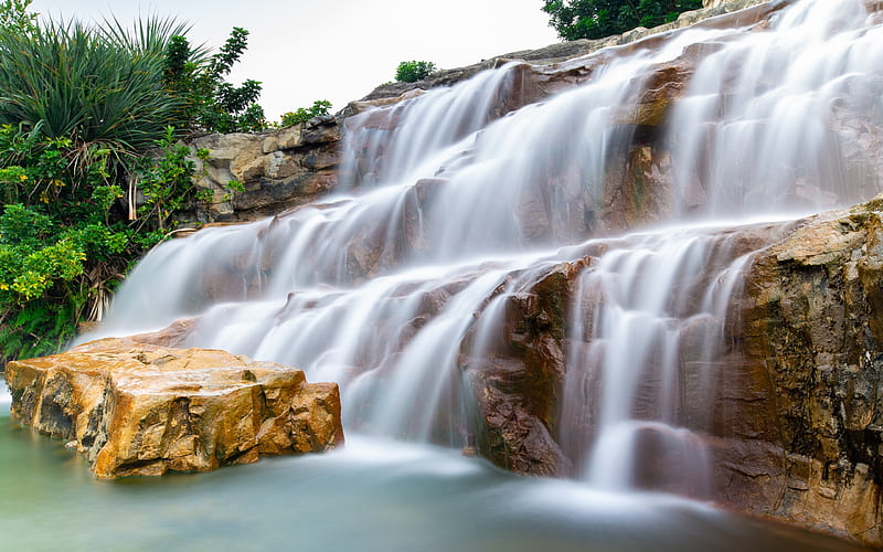 waterfall, beautiful lake, water, rock, river, HD wallpaper