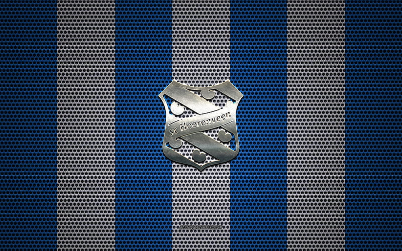 SC Heerenveen logo, Dutch football club, metal emblem, blue white metal mesh background, SC Heerenveen, Eredivisie, Heerenveen, Netherlands, football, HD wallpaper