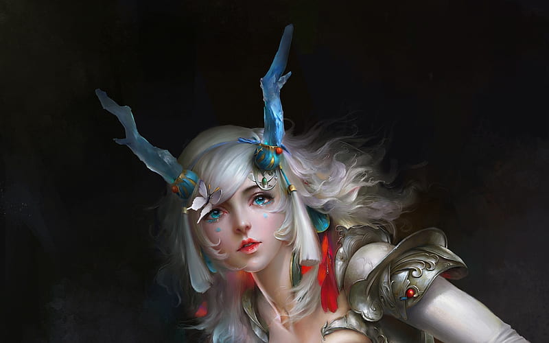 Dragon lady, blue, horns, art, red, luminos, black, armor, fantasy, girl, tong wang, face, HD wallpaper