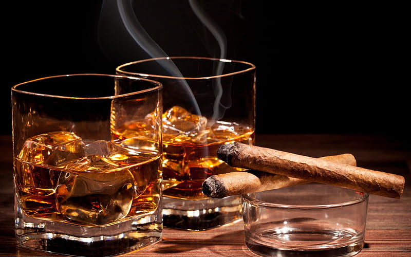 whiskey and cigar, glass, whiskey, ashtray, cigar, HD wallpaper