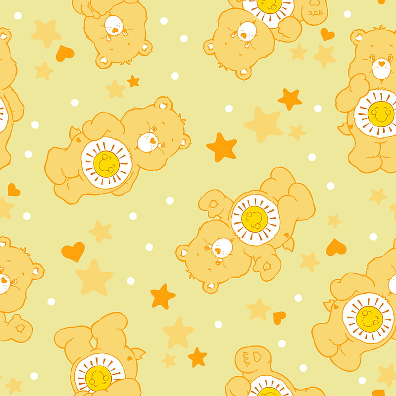 Funshine Bear Yellow, Care, care bears, cartoon, fun, happy, hug, pattern, retro, smile, sun, vintage, HD phone wallpaper