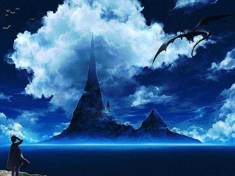 Land Of The Dragons!!!, Boy, Anime, Land, Mountain, Blue Sky, Water, Dragon, kimagure, Cool, Clouds, ryou, Awesome, Original, HD wallpaper