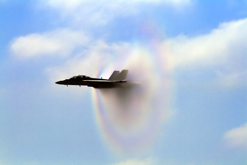Hornet Breaking the Rainbow Barrior, f-18, afterburn, eagle, mach, sky, runway, contrail, air, jet, HD wallpaper