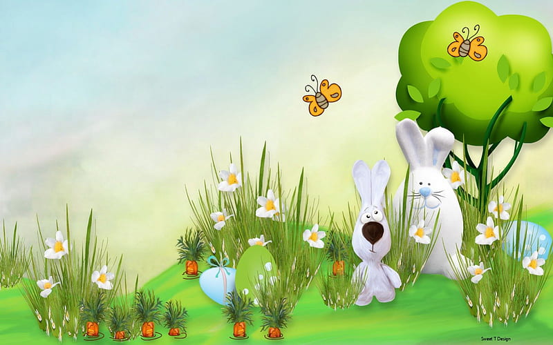 Joyful Easter, holiday, flowers, bunny, spring, carrots, butterflies ...