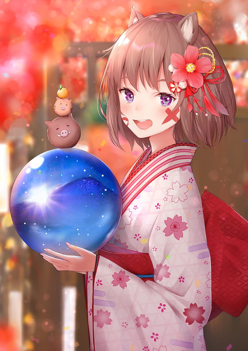 cute anime girl, brown hair, smiling, animal ears, kimono, festival, autumn, Anime, HD phone wallpaper