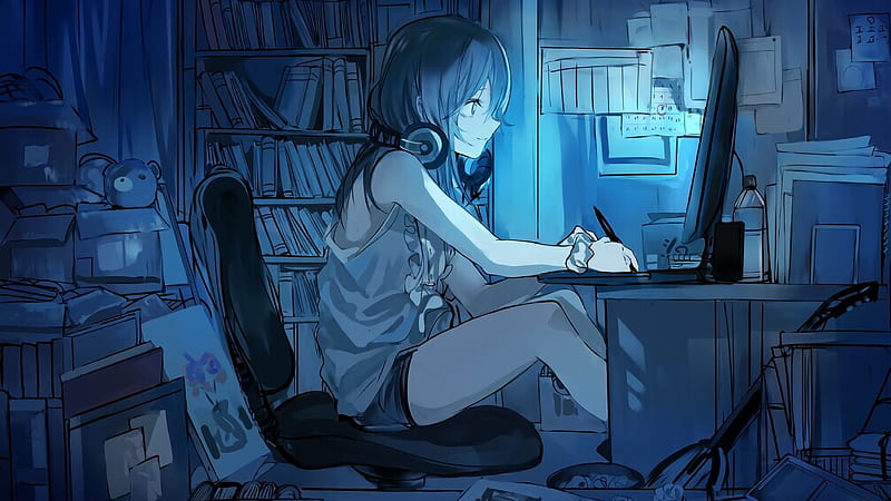 HD desktop wallpaper: Anime, Headphones, Guitar, Girl download free picture  #1046898