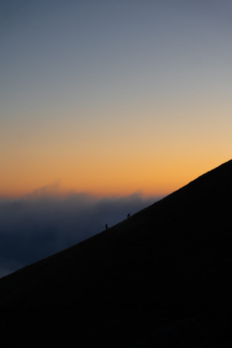 slope, rise, fog, sunset, sky, HD phone wallpaper