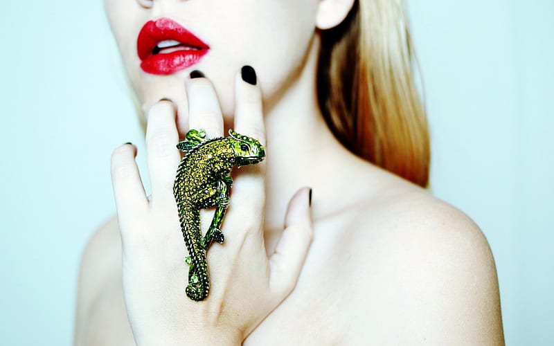 Chameleon ring, red, model, woman, lips, lizard, girl, green, jewel, Chameleon, ring, blue, HD wallpaper