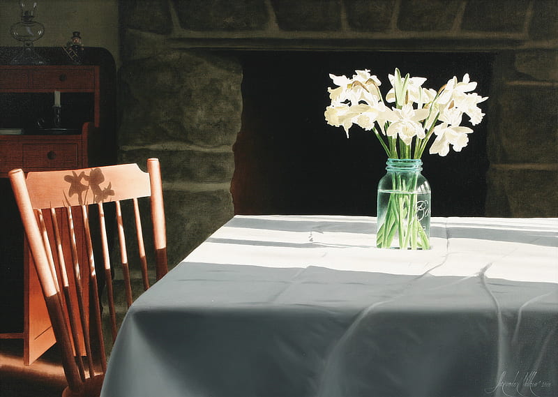 Jar, table, fireplace, cloth, flowers, chair, light, HD wallpaper