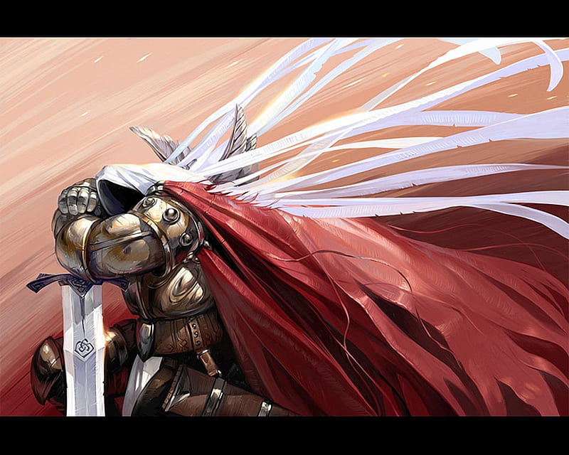 Exhaustion, fantasy, golden knight, red cloak, claymore, HD wallpaper
