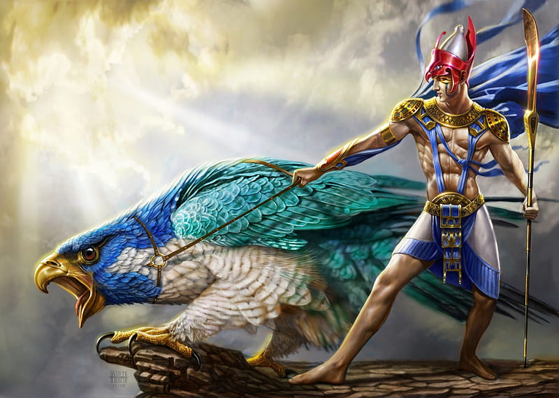 Horus, bird, man, antonello venditti, blue, god, art, luminos, fantasy, green, pasari, HD wallpaper