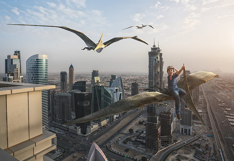 :D, adrian sommeling, pterodactyl, creative, situation, building, fantasy, city, boy, copil, child, HD wallpaper