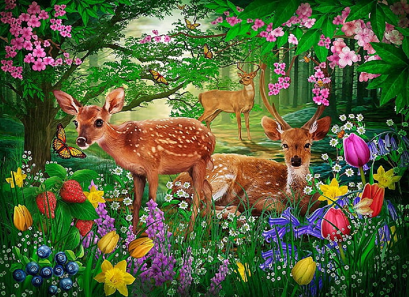 Spirit of Spring, forest, painting, flowers, tulips, trees, deer, HD wallpaper