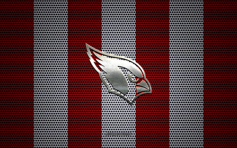 Arizona Cardinals logo, American football club, metal emblem, red and white metal mesh background, Arizona Cardinals, NFL, Phoenix, Arizona, USA, american football, HD wallpaper