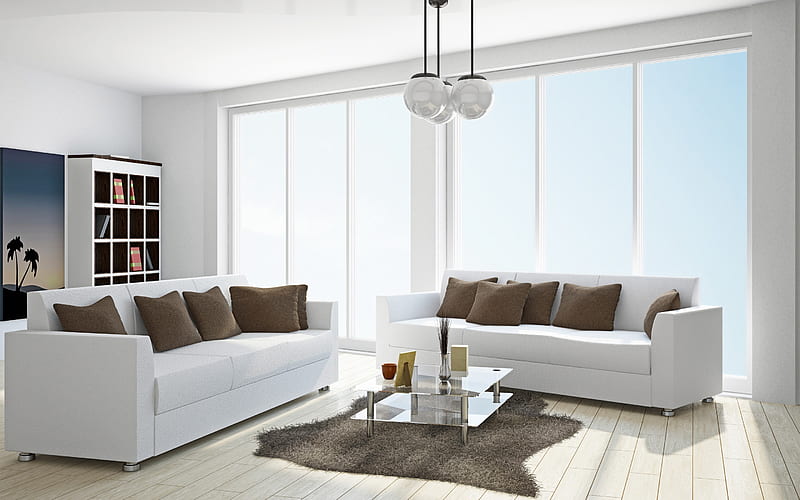 living room, modern white stylish interior, minimalism, white sofas, modern design of the room, HD wallpaper