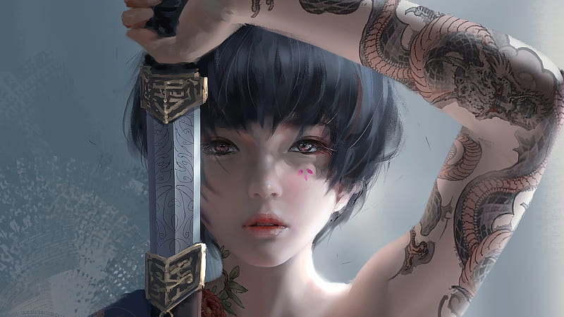 Samurai girl, art, fantasy, samurai, girl, guweiz, katana, face, sword, tattoo, HD wallpaper