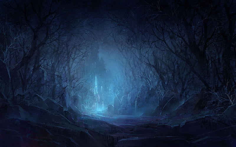 Castle, blue, dark, forest, fantasy, luminos, HD wallpaper