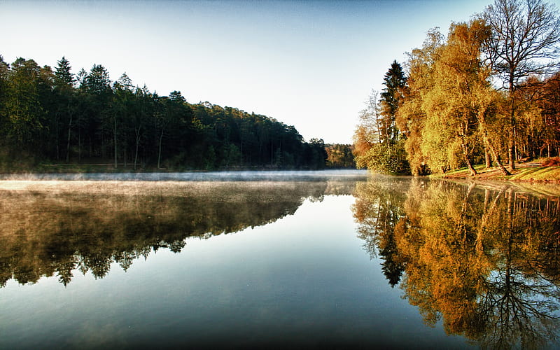 Lake View in Bitche France, autum, lakes, bonito, mist, skies, calm, water, serene, peaceful, nature, morning, reflections, blue, HD wallpaper