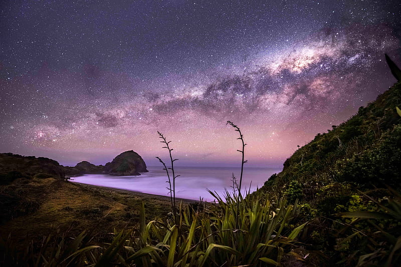 The milkyway setting in New Zealand, morning, clouds, sky, stars, mountains, sea, HD wallpaper