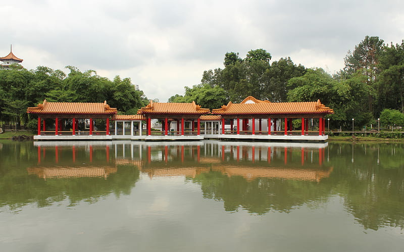 Chinese Garden, architecture, pagoda, hall, buildings, park, chinese, trees, lake, HD wallpaper