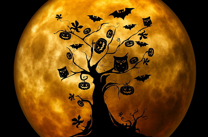 Halloween Ultra, Holidays, Halloween, Moon, Bats, Pumpkins, OwlS, Moonlight, fullmoon, jackolanterns, HD wallpaper