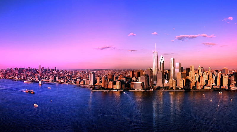 Manhattan at Sunset, New York, Sky, Nature, Sunsets, HD wallpaper