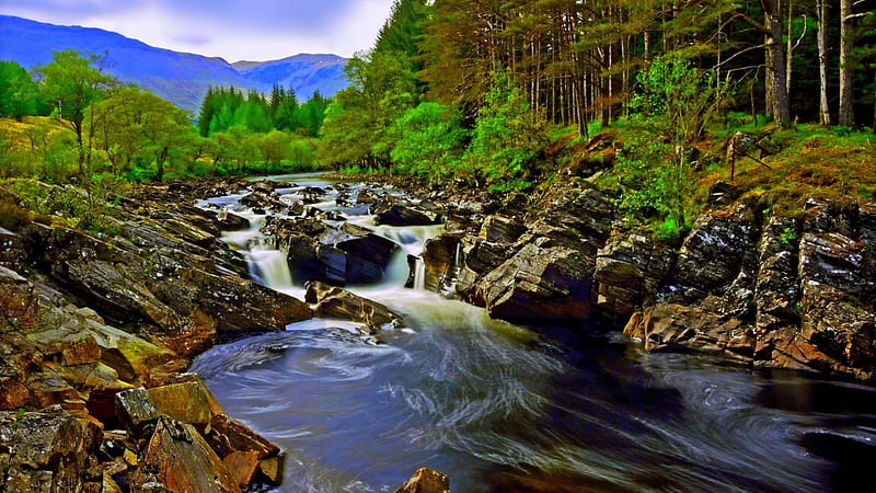 ROCKY FLOW, stream, mountains, rocky, river, valley, HD wallpaper