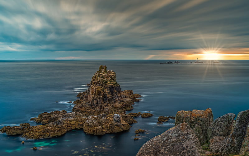 Cornwall, Celtic Sea, evening, seascape, sunset, sea, lighthouse, English Channel, South West England, United Kingdom, HD wallpaper