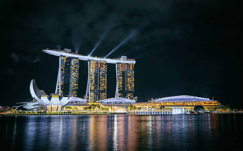 Marina Bay Sands, luxury hotels, Singapore at night, skyscrapers, Singapore, nightscapes, modern buildings, Asia, Singapore, HD wallpaper