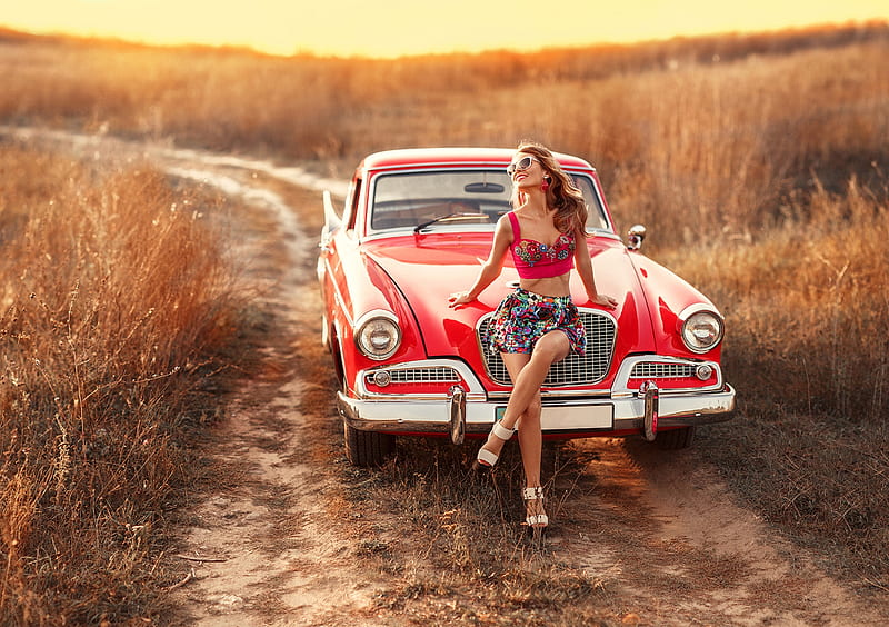 Beauty, retro, red, girl, model, car, woman, vintage, HD wallpaper