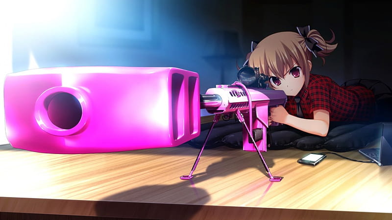 Pink Gun, irisu makina, angry, close up, pointing, gun, anime, hot, anime girl, weapon, pink, ipod, irisu, female, brown hair, grisaia no kajitsu, handphone, mad, twintails, laptop, sexy, makina, cute, point, warrior, girl, mobile, computer, grisaia, sinister, red eyes, HD wallpaper