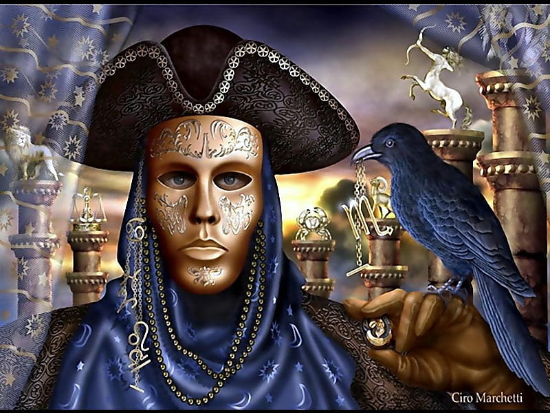The Pirate, ship, bird, painting, man, mask, hat, HD wallpaper