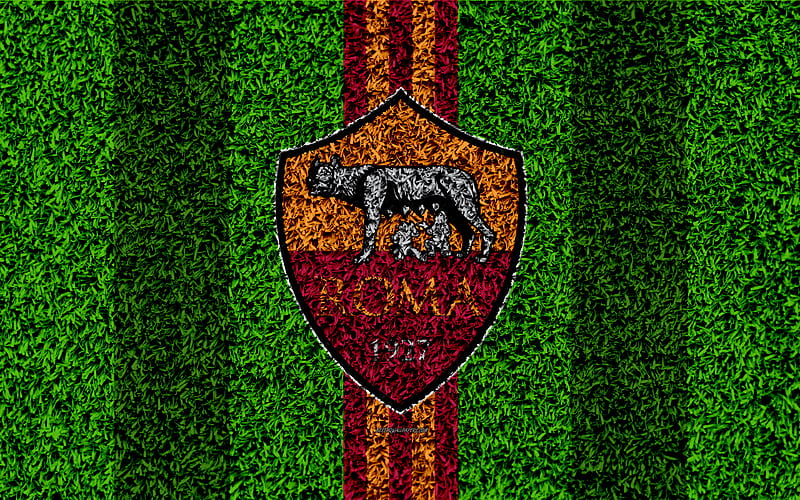 AS Roma logo, football lawn, italian football club, red yellow lines, emblem, grass texture, Serie A, Rome, Italy, football, Roma FC, HD wallpaper