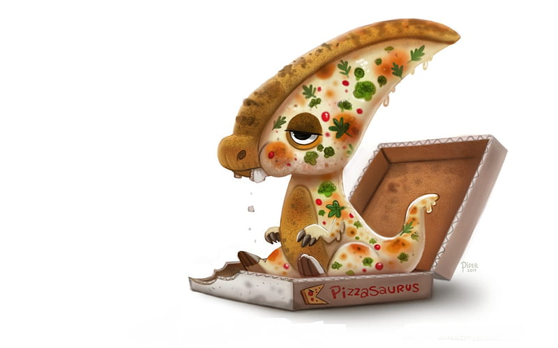 Pizzasaurus the herbivore, dinosaur, food, fantasy, piper thibodeau, pizza, funny, HD wallpaper