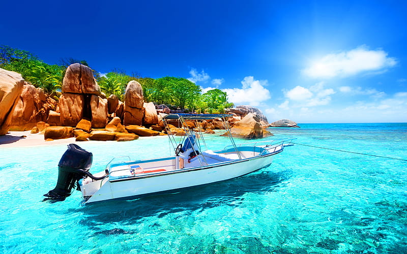 Island Hopping, Seychelles, water, boat, clear, motor, clouds, sky, coast, sea, HD wallpaper