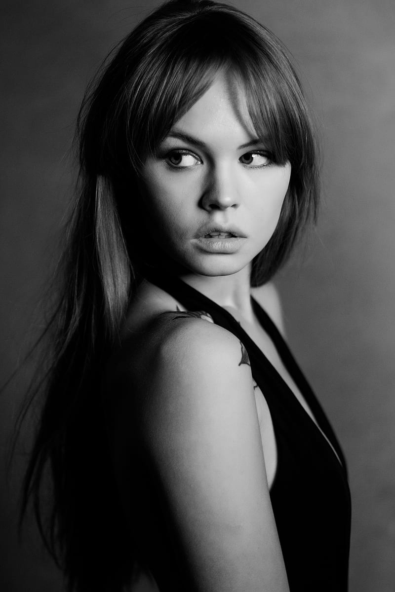 Anastasia Scheglova, model, Phil Reznikov, looking away, simple background, monochrome, women, HD phone wallpaper
