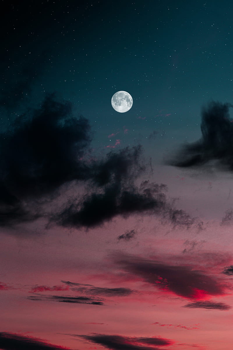 Sunset, blue, cloud, clouds, moon, purple, sky, stars, sunrise, universe, HD phone wallpaper