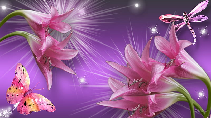 Pink on Purple, lilies, firefox persona, jewelry, butterfly, puple, summer, dragonfly, flowers, gems, brooch, pink, HD wallpaper