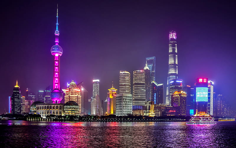 The Bund Shanghai, skyline, Oriental Pearl Tower, modern buildings, chinese cities, skyscrapers, China, Asia, Shanghai at night, HD wallpaper