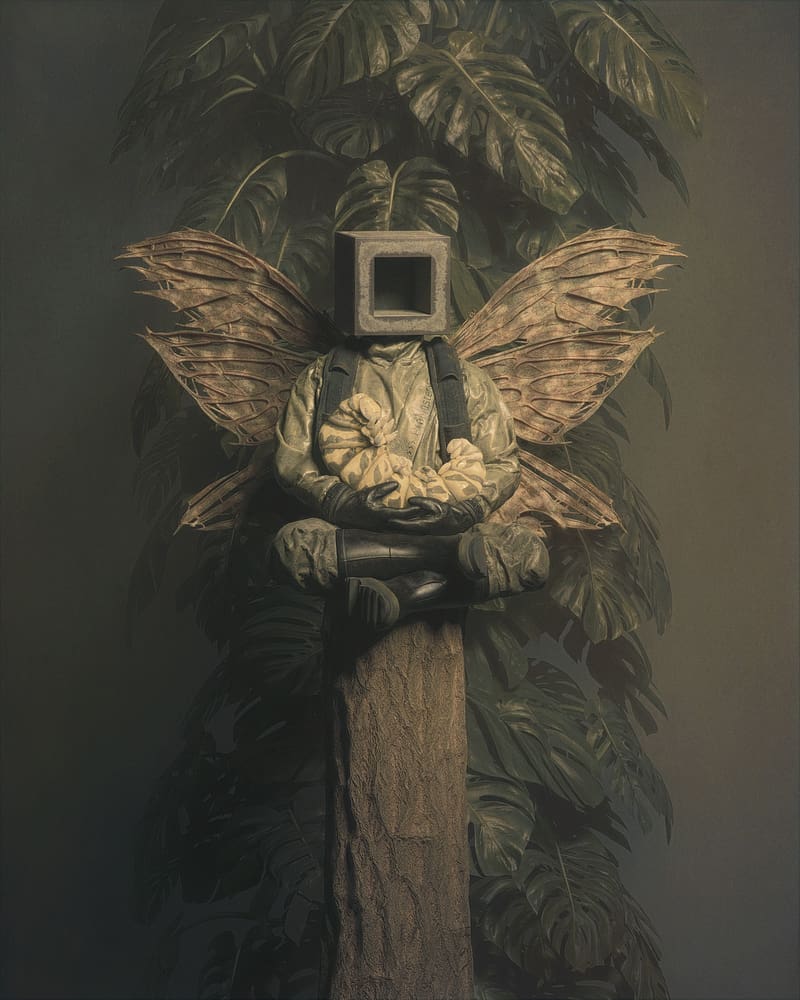 man, cube, butterfly, caterpillar, leaves, art, HD phone wallpaper
